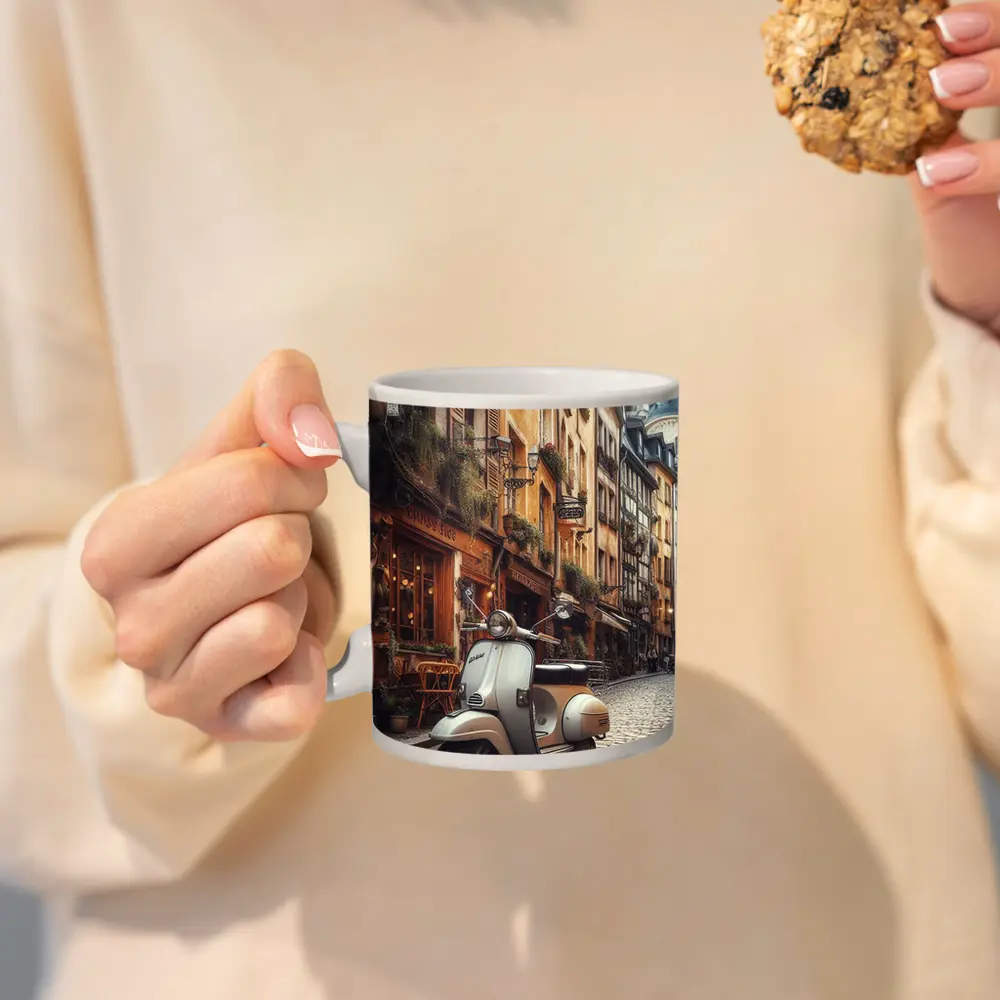 Vintage Vespa Scooter European Cobblestone Street – Mugs