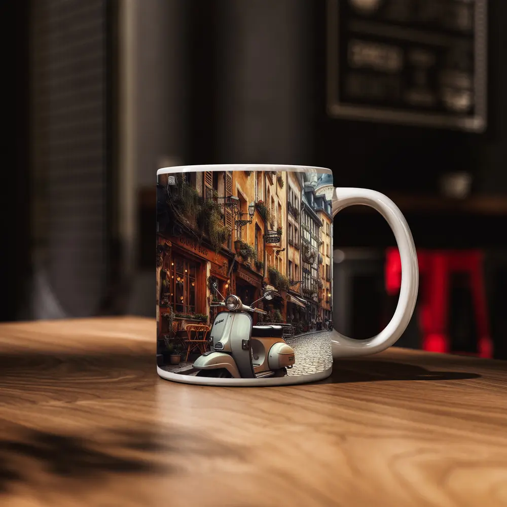 Vintage Vespa Scooter European Cobblestone Street – Mugs