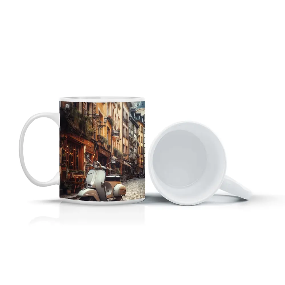Vintage Vespa Scooter European Cobblestone Street – Mugs