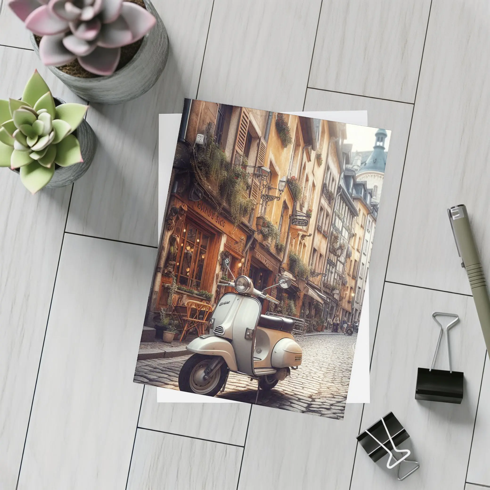 Vintage Vespa Scooter European Cobblestone Street – Postcards