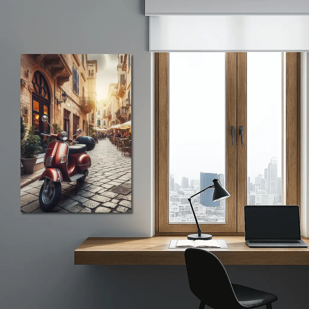 Red Vespa Scooter Italian Cobblestone Street – Wall Art
