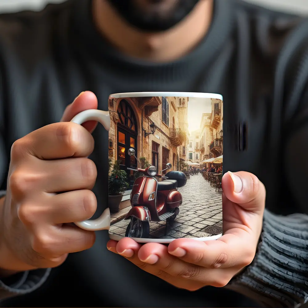 Red Vespa Scooter Italian Cobblestone Street – Mugs