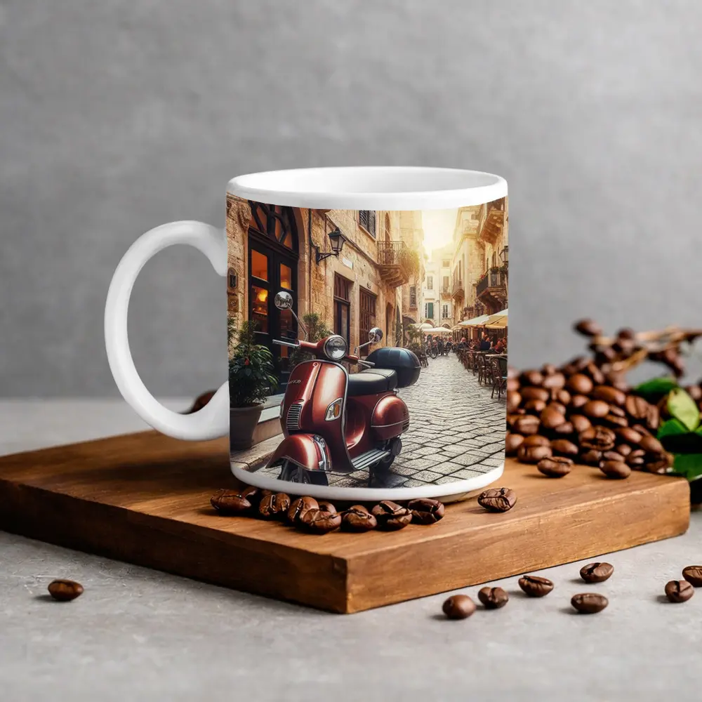 Red Vespa Scooter Italian Cobblestone Street – Mugs