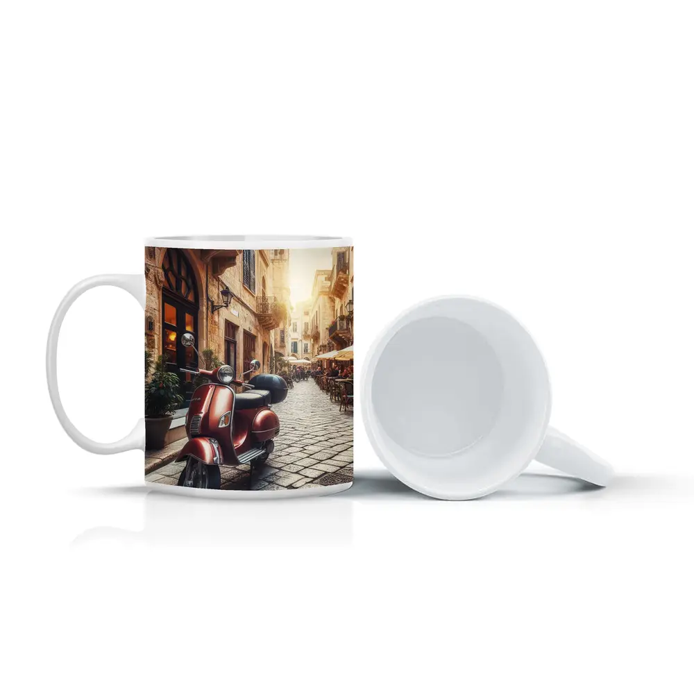 Red Vespa Scooter Italian Cobblestone Street – Mugs