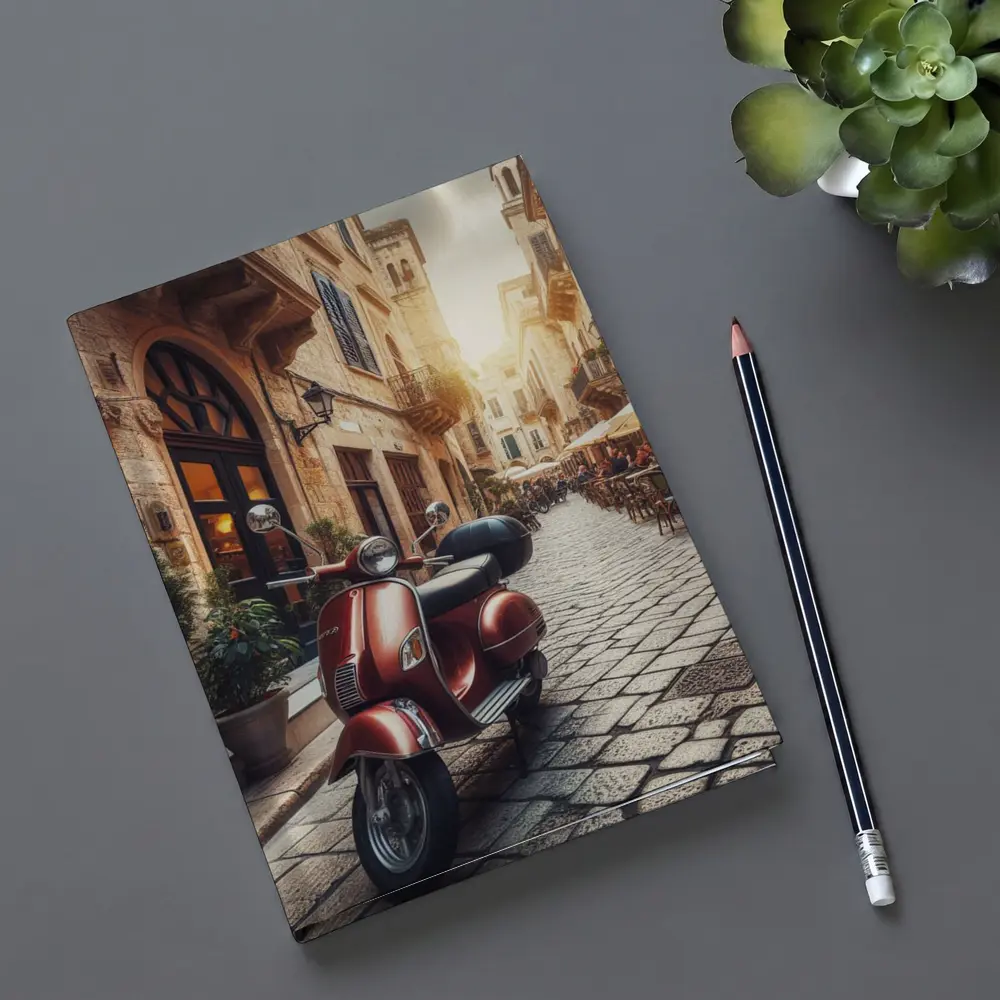 Red Vespa Scooter Italian Cobblestone Street – Notebooks