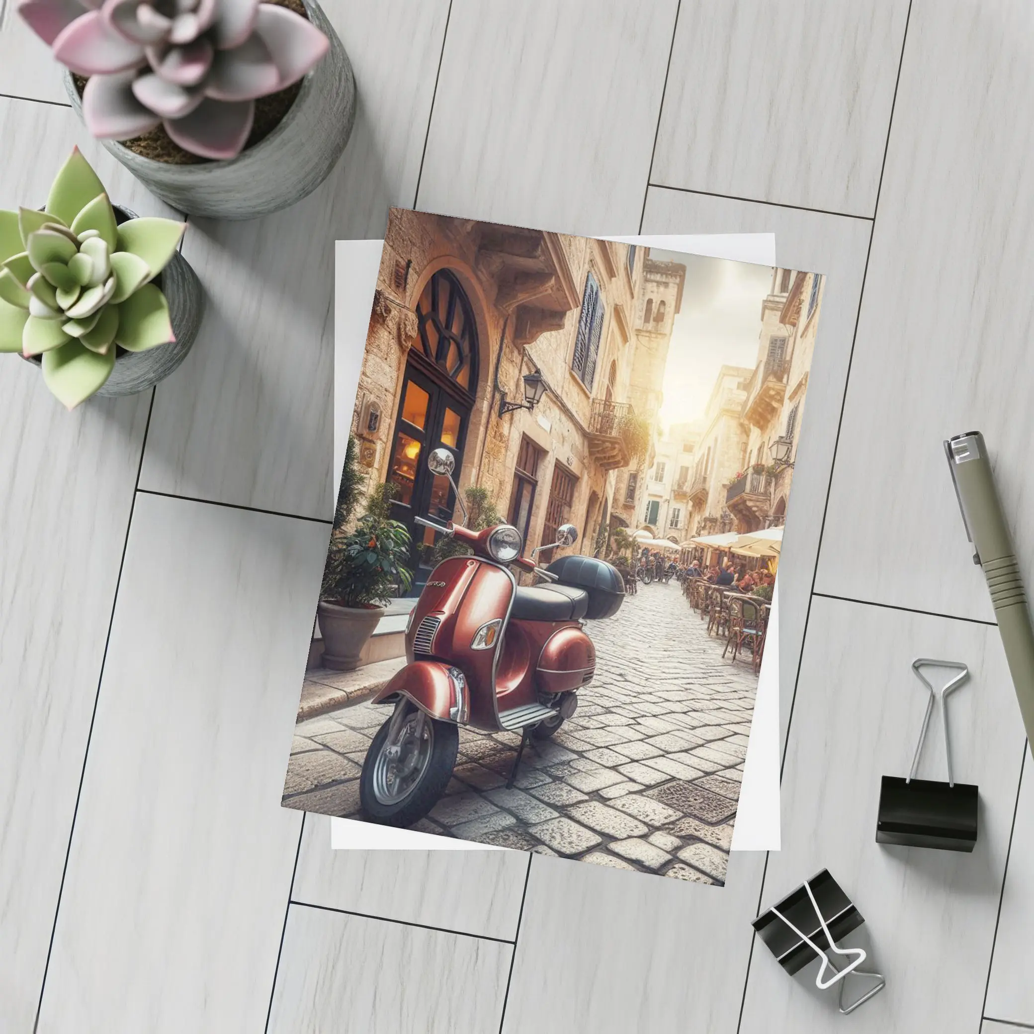Red Vespa Scooter Italian Cobblestone Street – Postcards