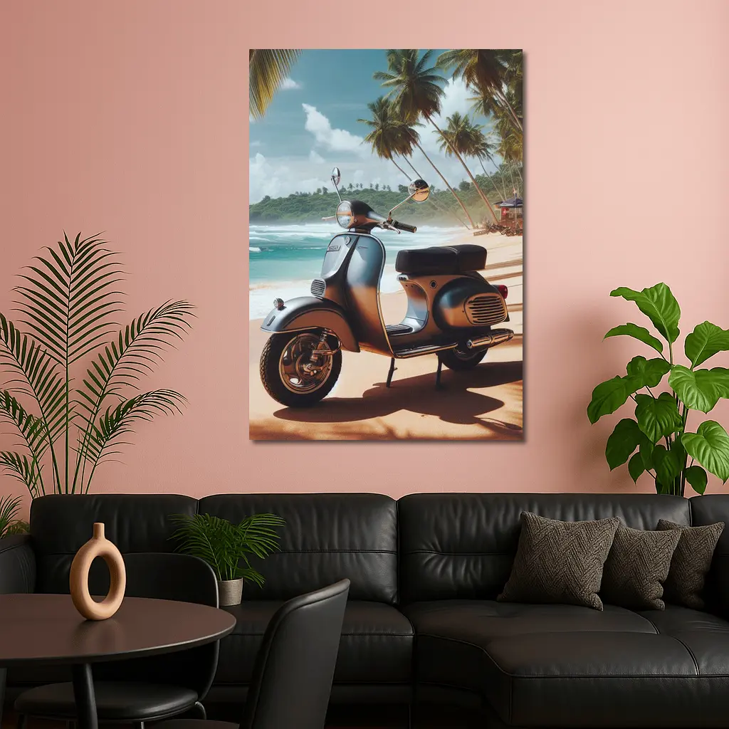 Vintage Scooter Parked on Tropical Beach – Wall Art