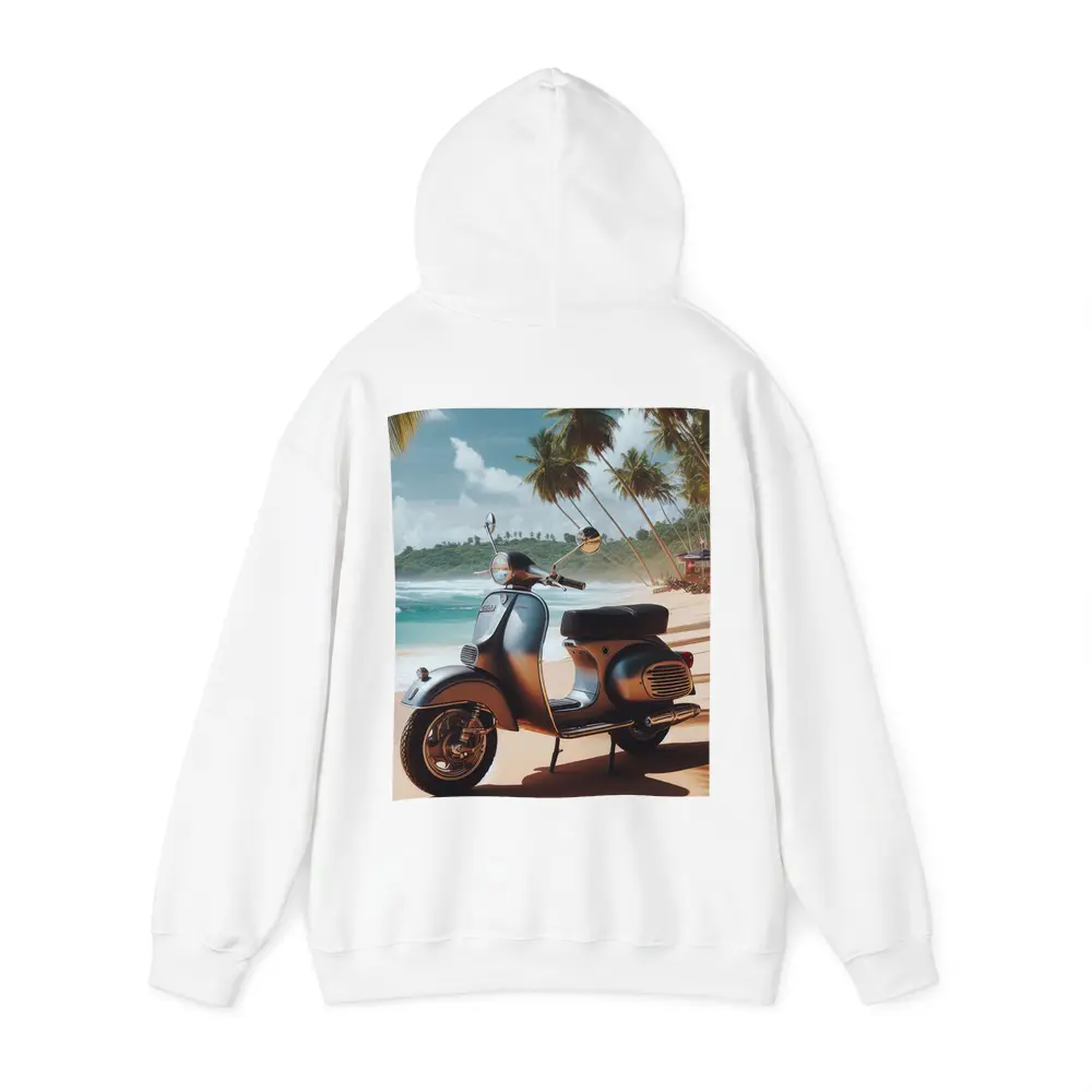 Vintage Scooter Parked on Tropical Beach – Hoodies