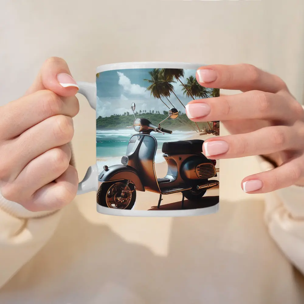 Vintage Scooter Parked on Tropical Beach – Mugs