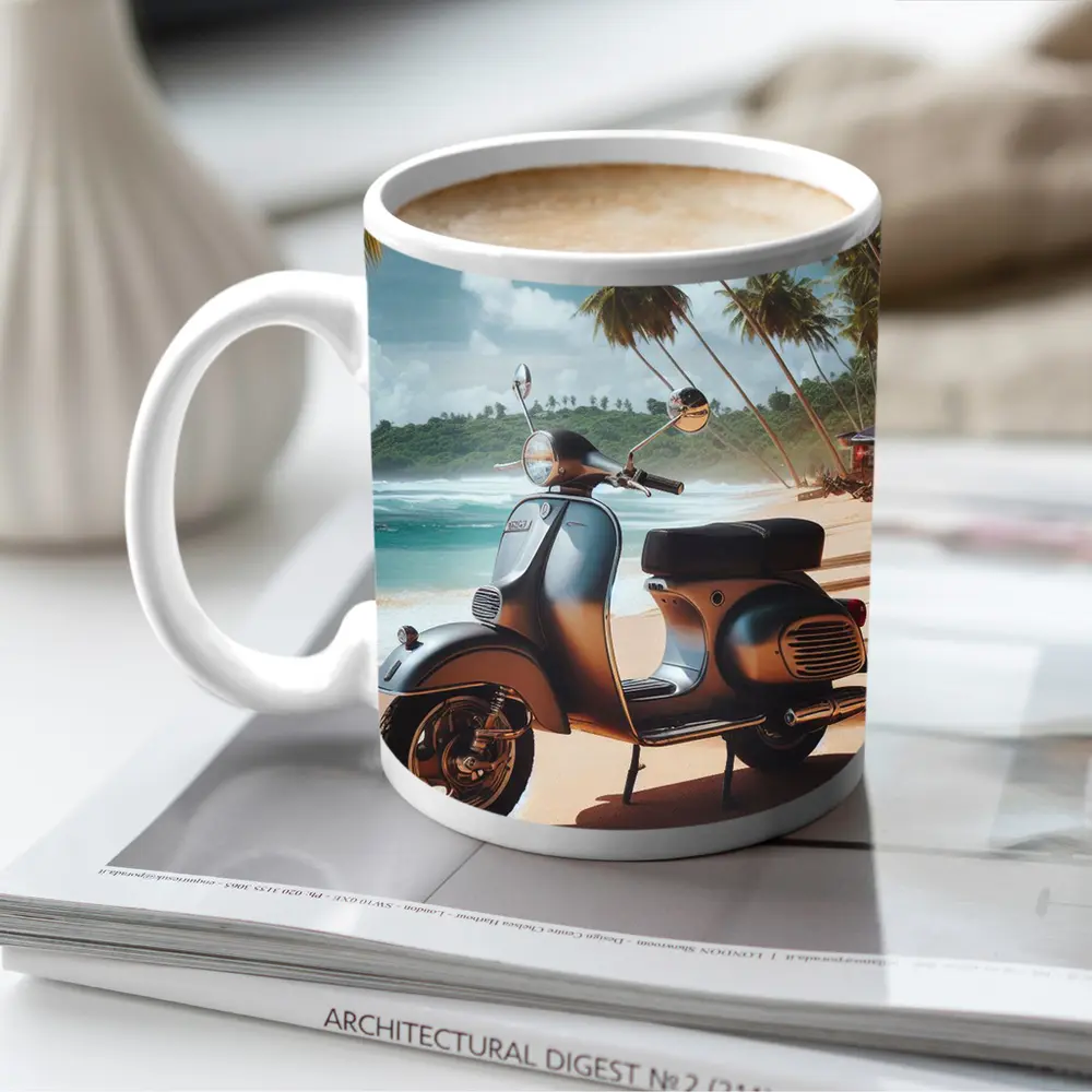 Vintage Scooter Parked on Tropical Beach – Mugs