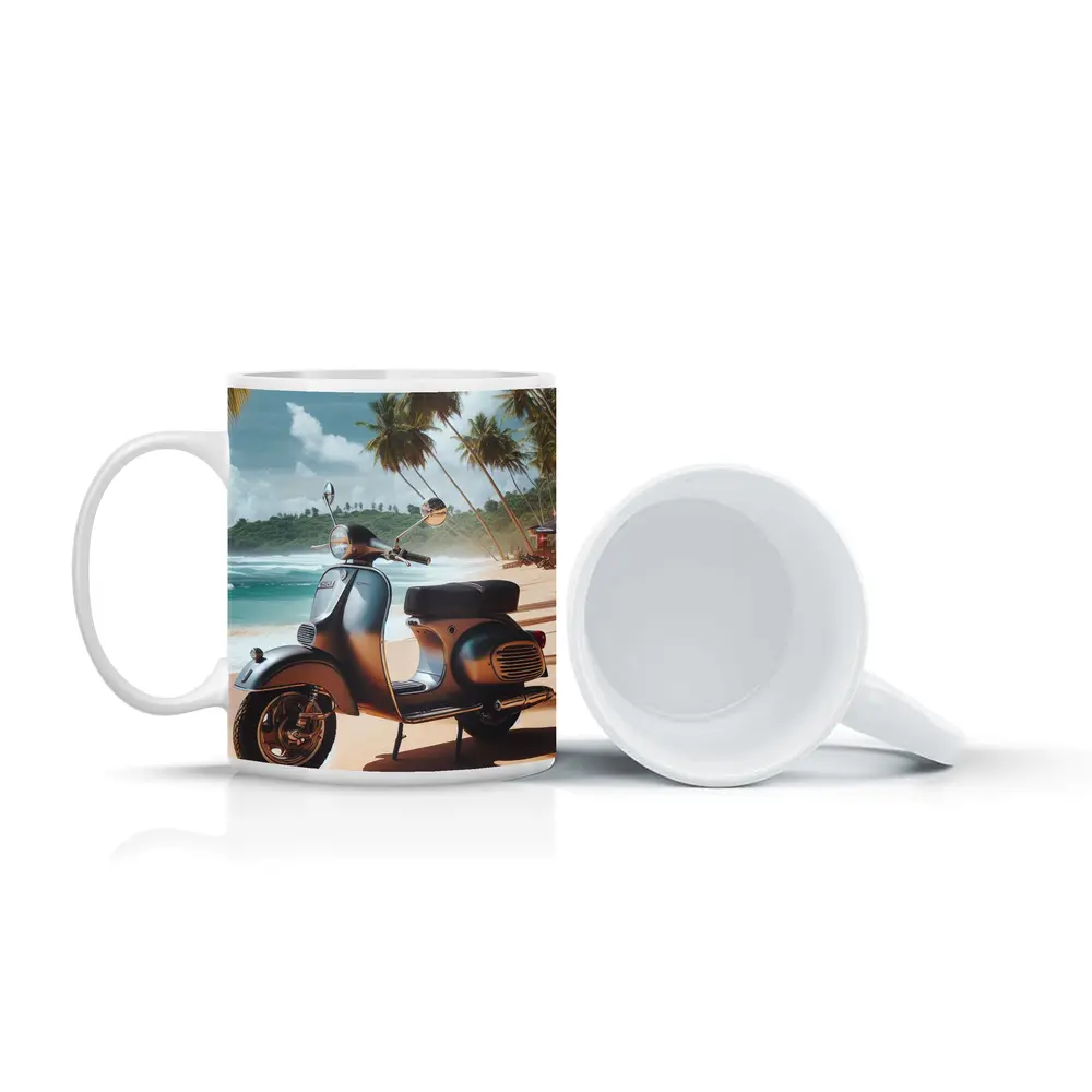 Vintage Scooter Parked on Tropical Beach – Mugs