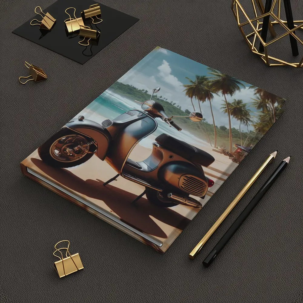 Vintage Scooter Parked on Tropical Beach – Notebooks