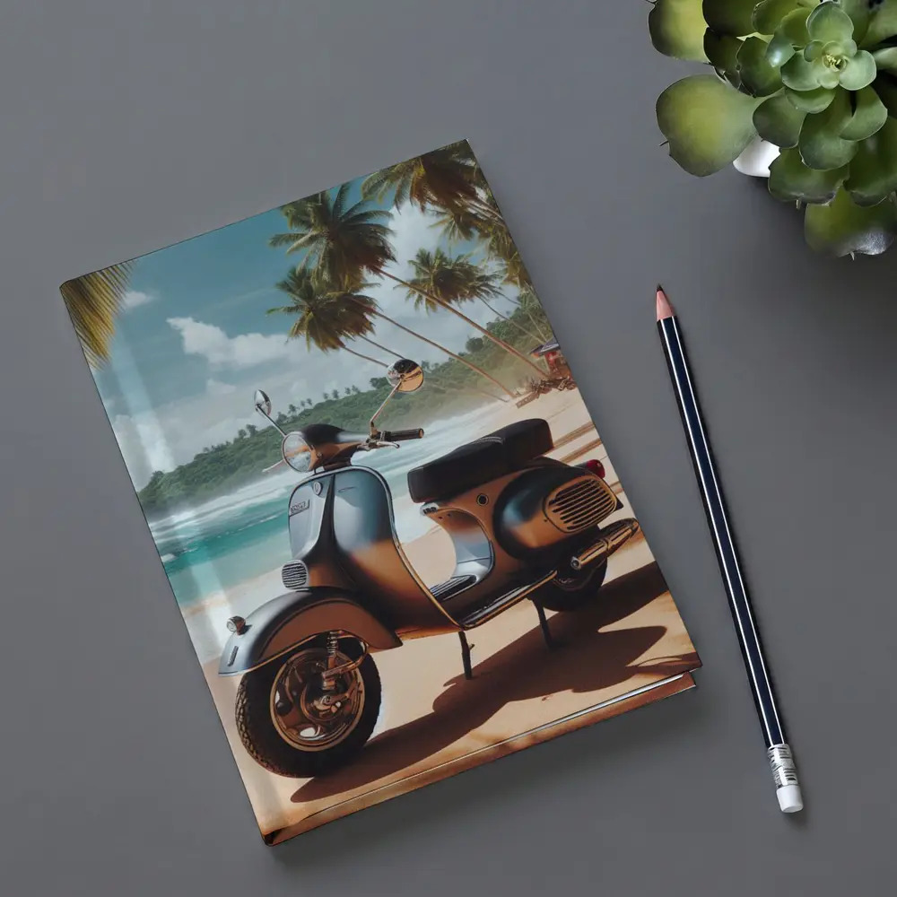 Vintage Scooter Parked on Tropical Beach – Notebooks