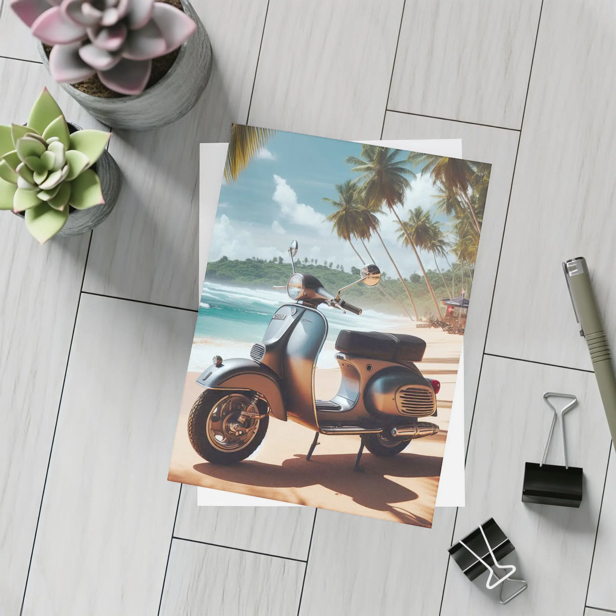Vintage Scooter Parked on Tropical Beach – Postcards