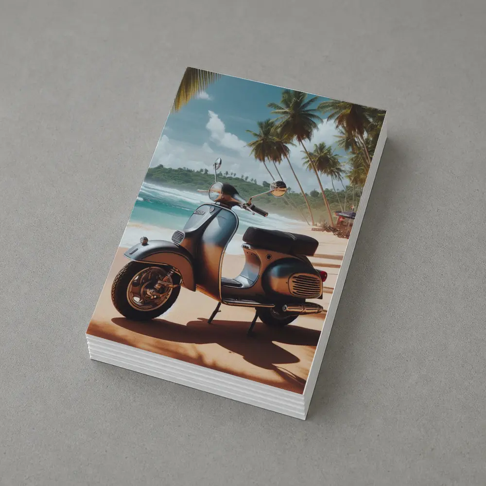 Vintage Scooter Parked on Tropical Beach – Postcards