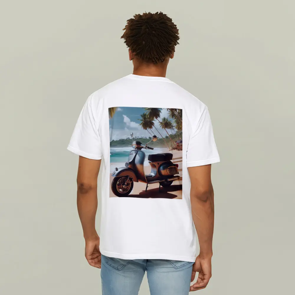 Vintage Scooter Parked on Tropical Beach – T-Shirts