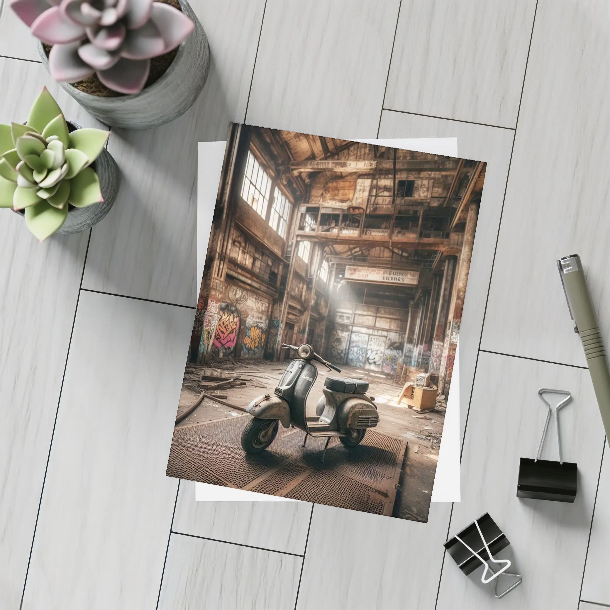 Vintage Scooter Abandoned Industrial Warehouse Graffiti – Postcards