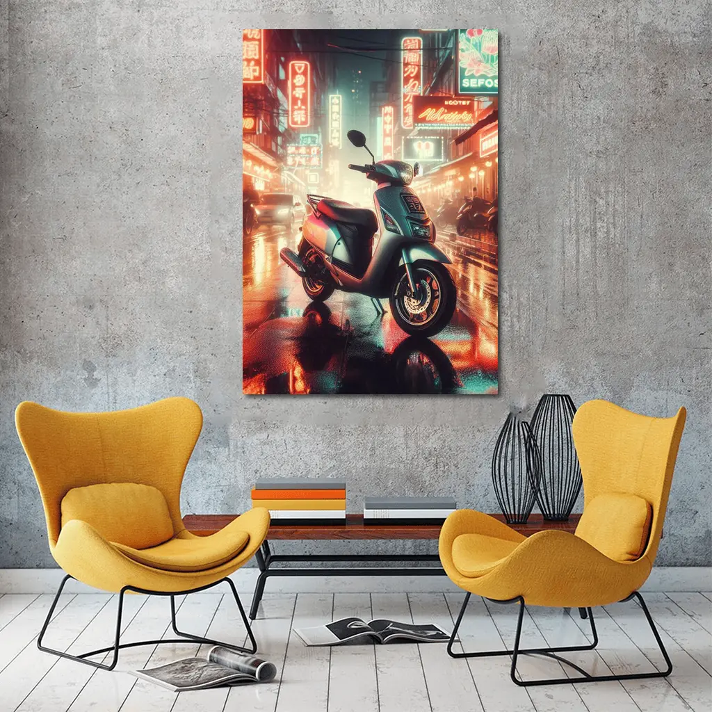 Scooter Rainy Neon City Street Night – Wall Art