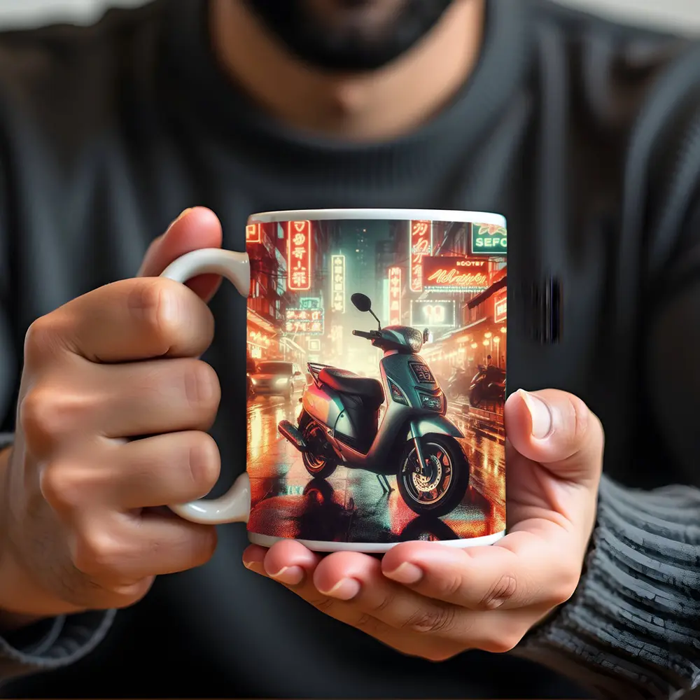 Scooter Rainy Neon City Street Night – Mugs