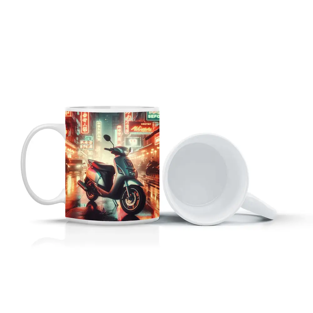 Scooter Rainy Neon City Street Night – Mugs
