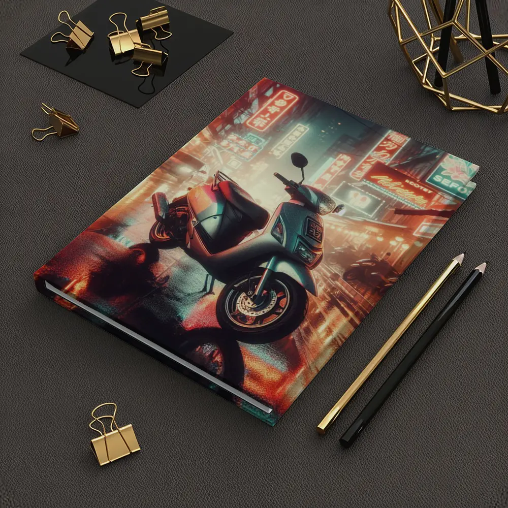 Scooter Rainy Neon City Street Night – Notebooks