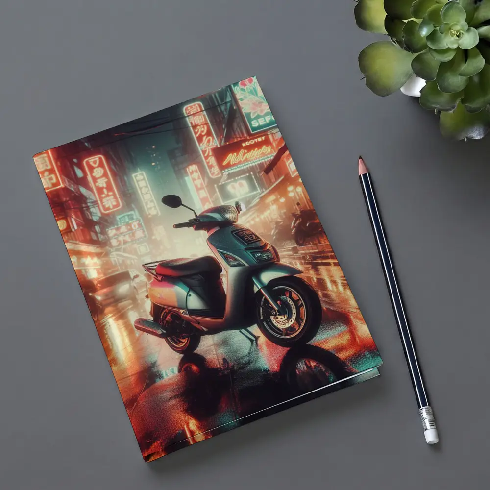 Scooter Rainy Neon City Street Night – Notebooks