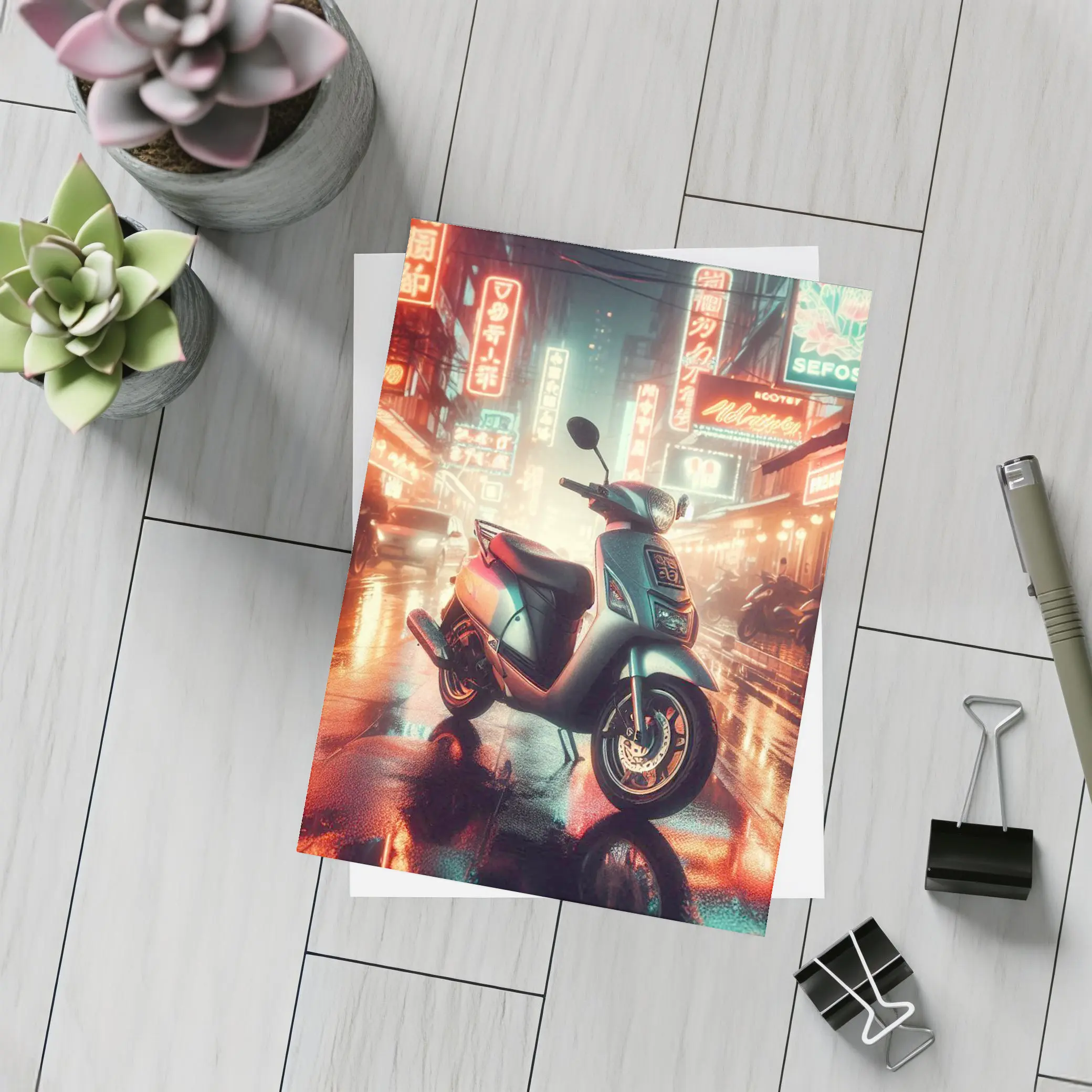 Scooter Rainy Neon City Street Night – Postcards