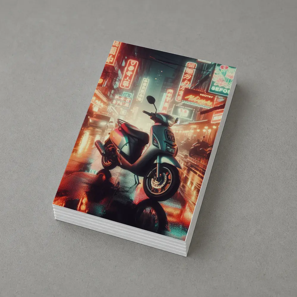Scooter Rainy Neon City Street Night – Postcards