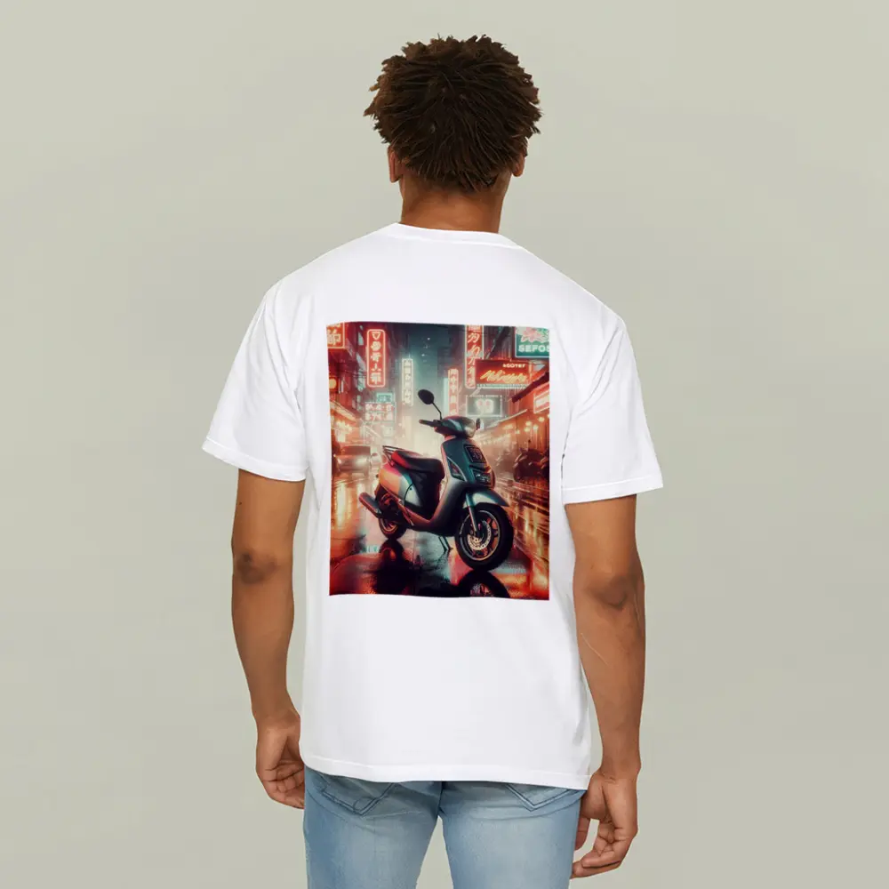 Scooter Rainy Neon City Street Night – T-Shirts