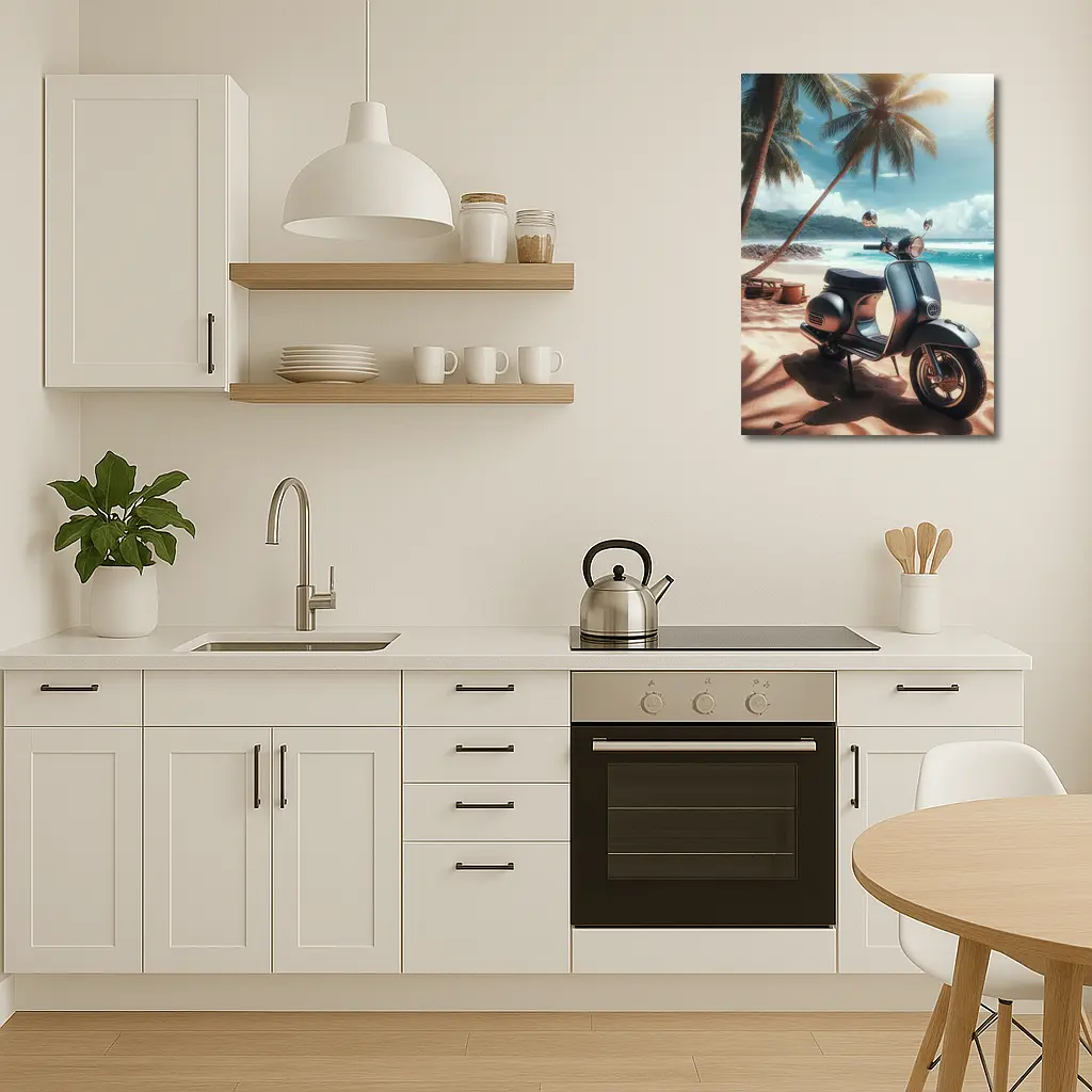 Classic Scooter Parked On Tropical Beach – Wall Art