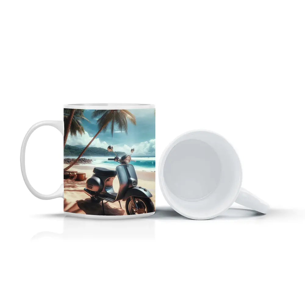 Classic Scooter Parked On Tropical Beach – Mugs