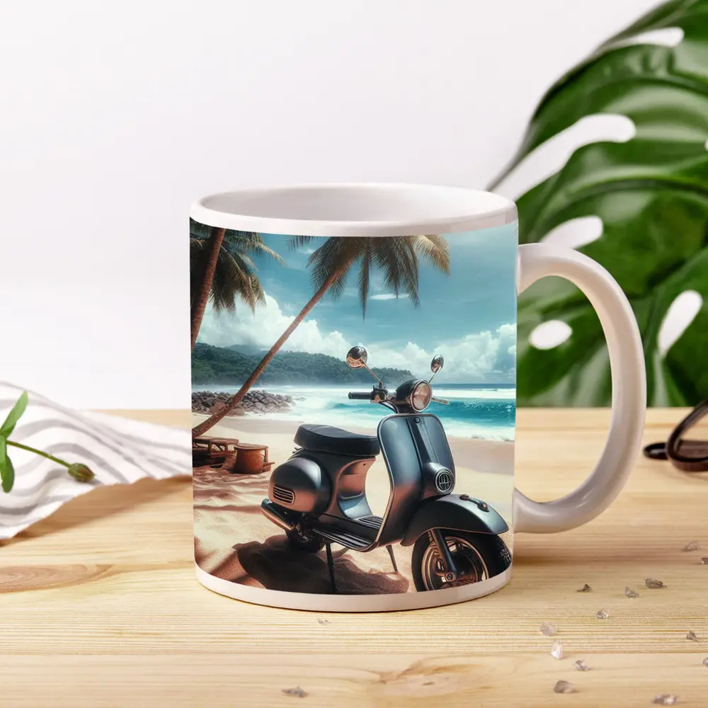Classic Scooter Parked On Tropical Beach – Mugs
