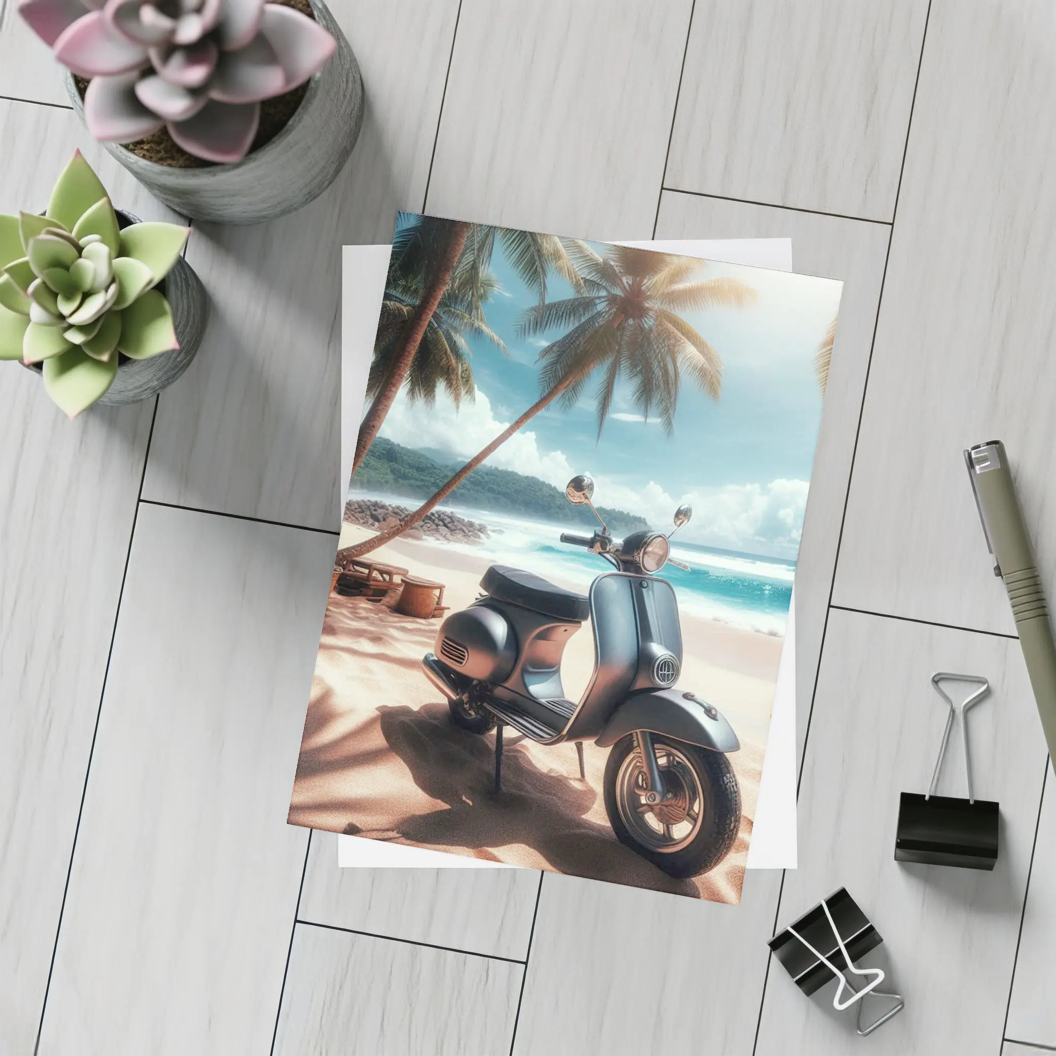 Classic Scooter Parked On Tropical Beach – Postcards