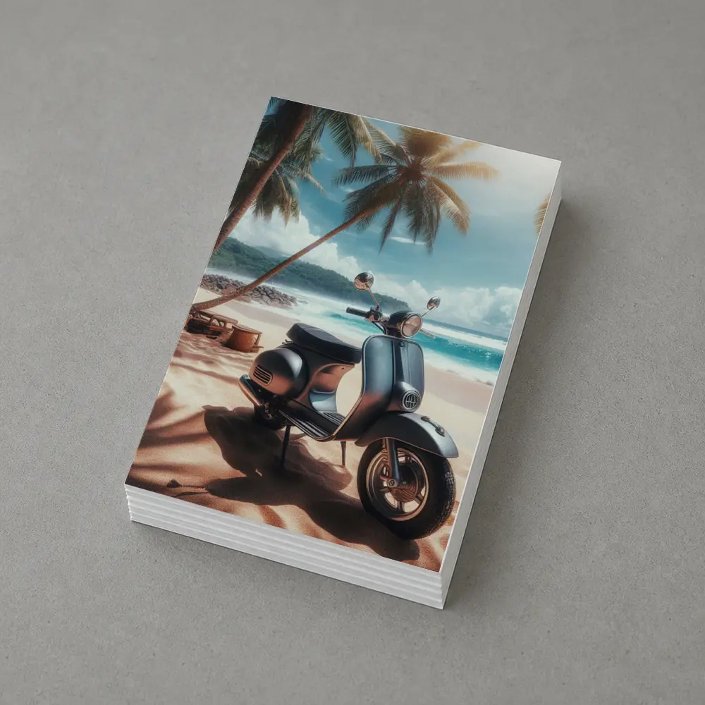 Classic Scooter Parked On Tropical Beach – Postcards