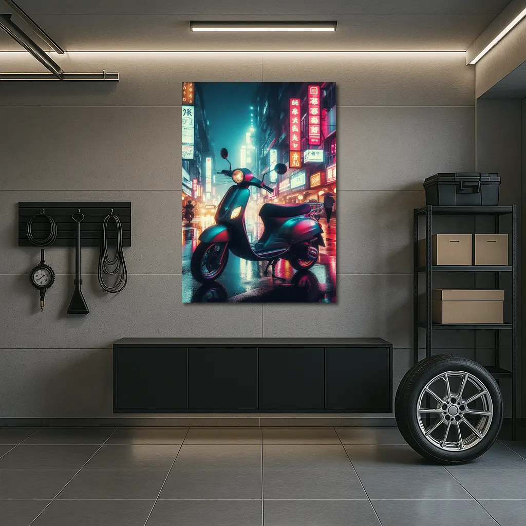 Scooter Neon City Street Rainy Night – Wall Art