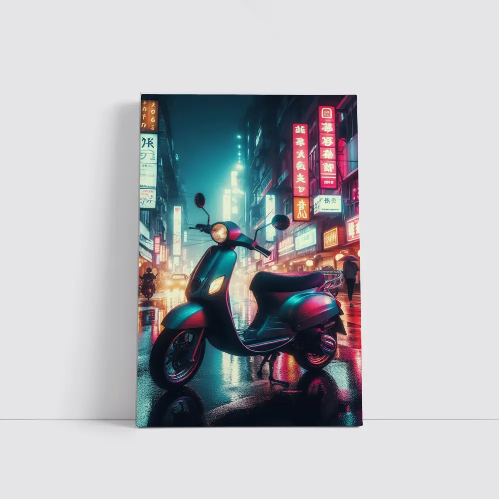 Scooter Neon City Street Rainy Night – Wall Art