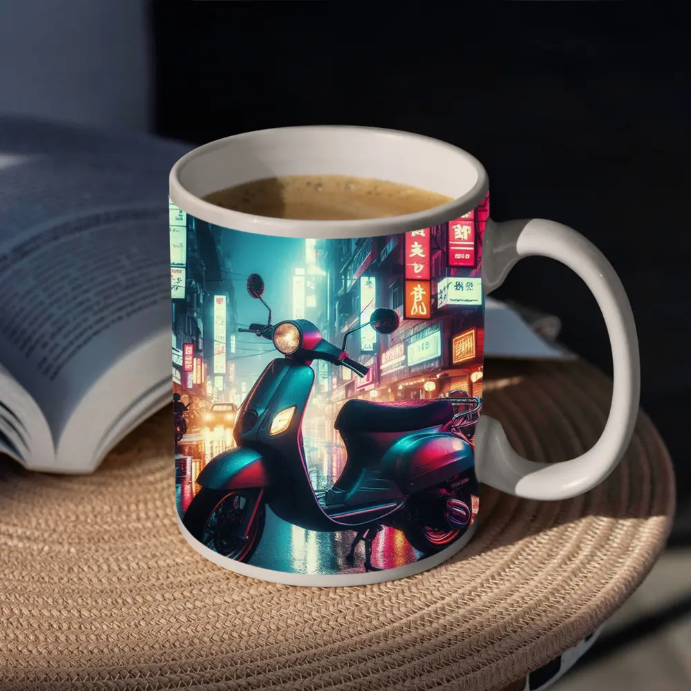 Scooter Neon City Street Rainy Night – Mugs
