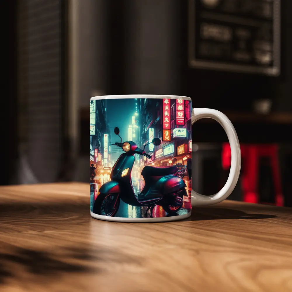 Scooter Neon City Street Rainy Night – Mugs