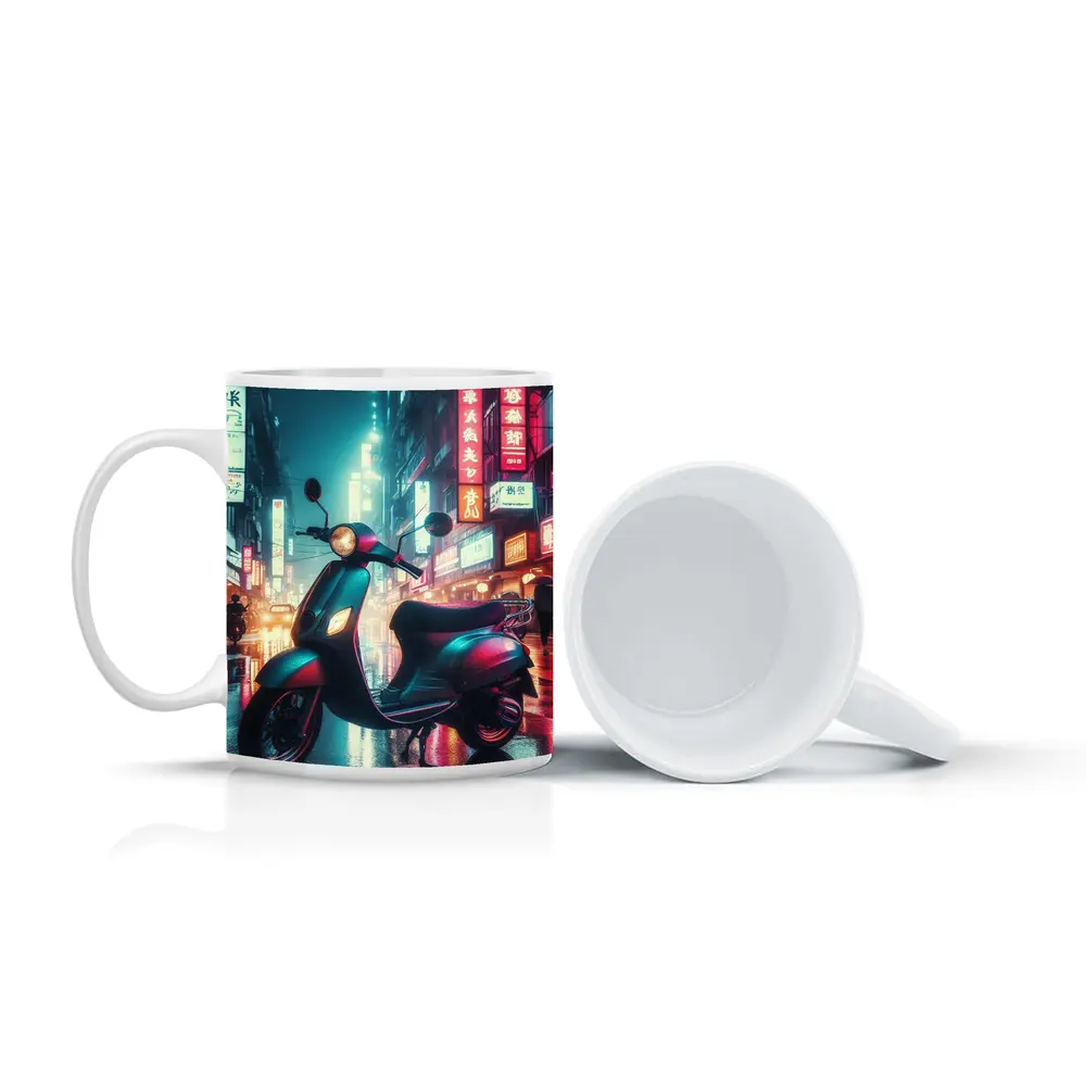 Scooter Neon City Street Rainy Night – Mugs
