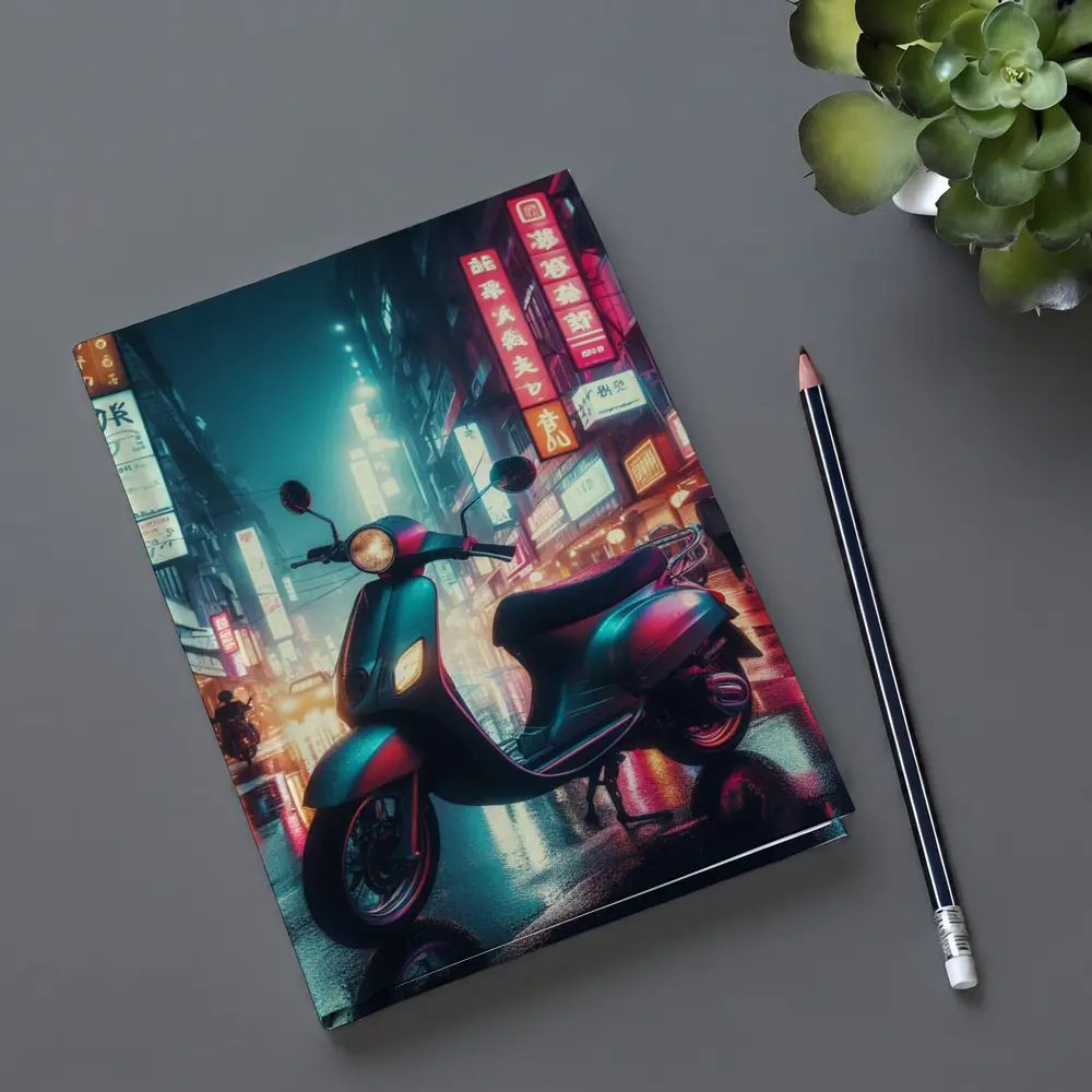 Scooter Neon City Street Rainy Night – Notebooks