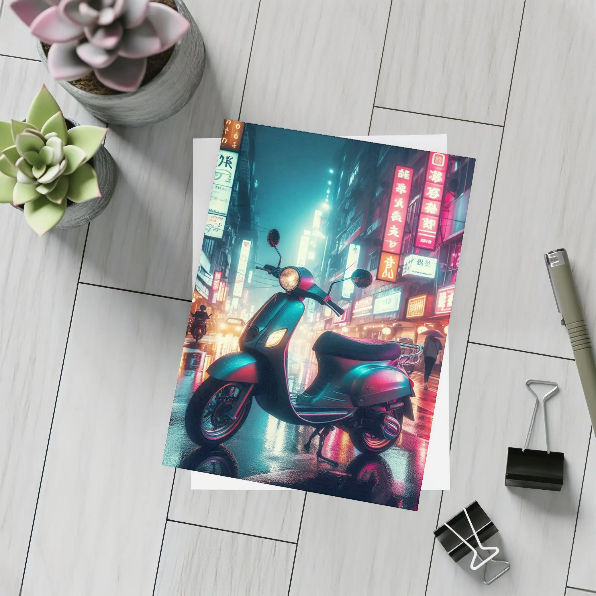Scooter Neon City Street Rainy Night – Postcards