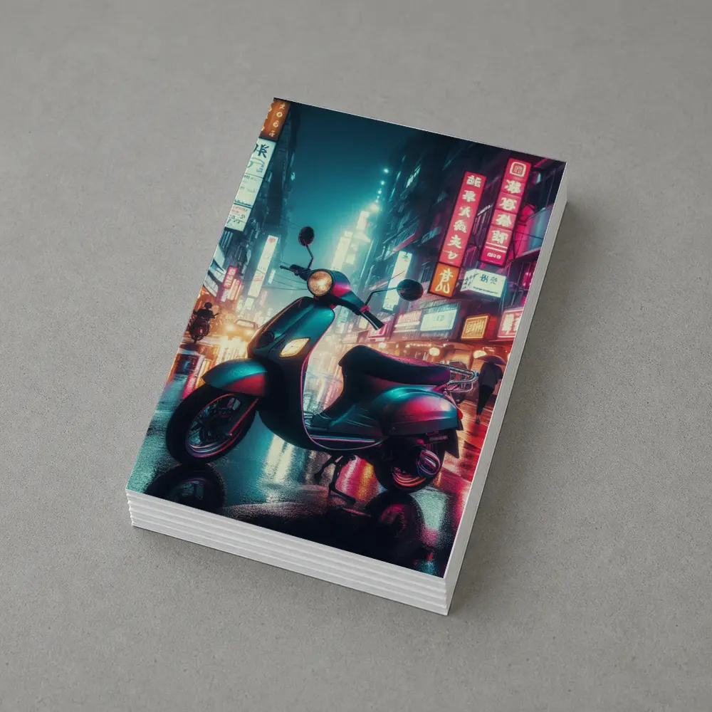 Scooter Neon City Street Rainy Night – Postcards