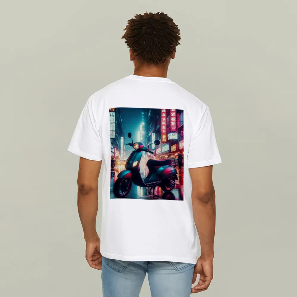 Scooter Neon City Street Rainy Night – T-Shirts