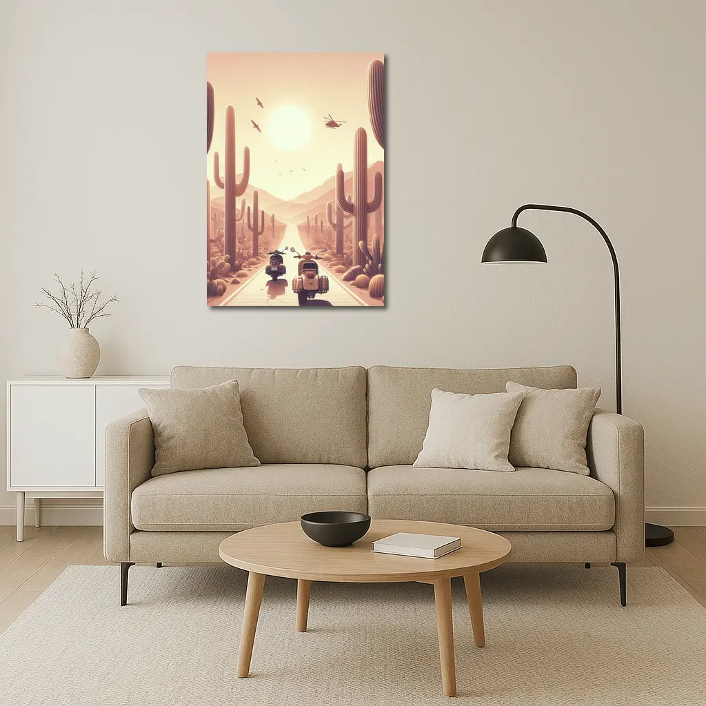Scooters Desert Road Cactus Sunset Art – Wall Art