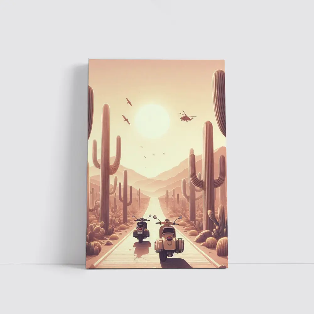 Scooters Desert Road Cactus Sunset Art – Wall Art