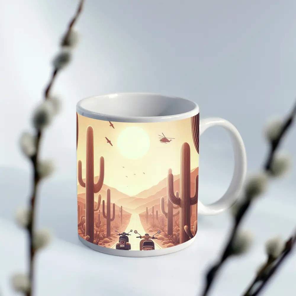 Scooters Desert Road Cactus Sunset Art – Mugs