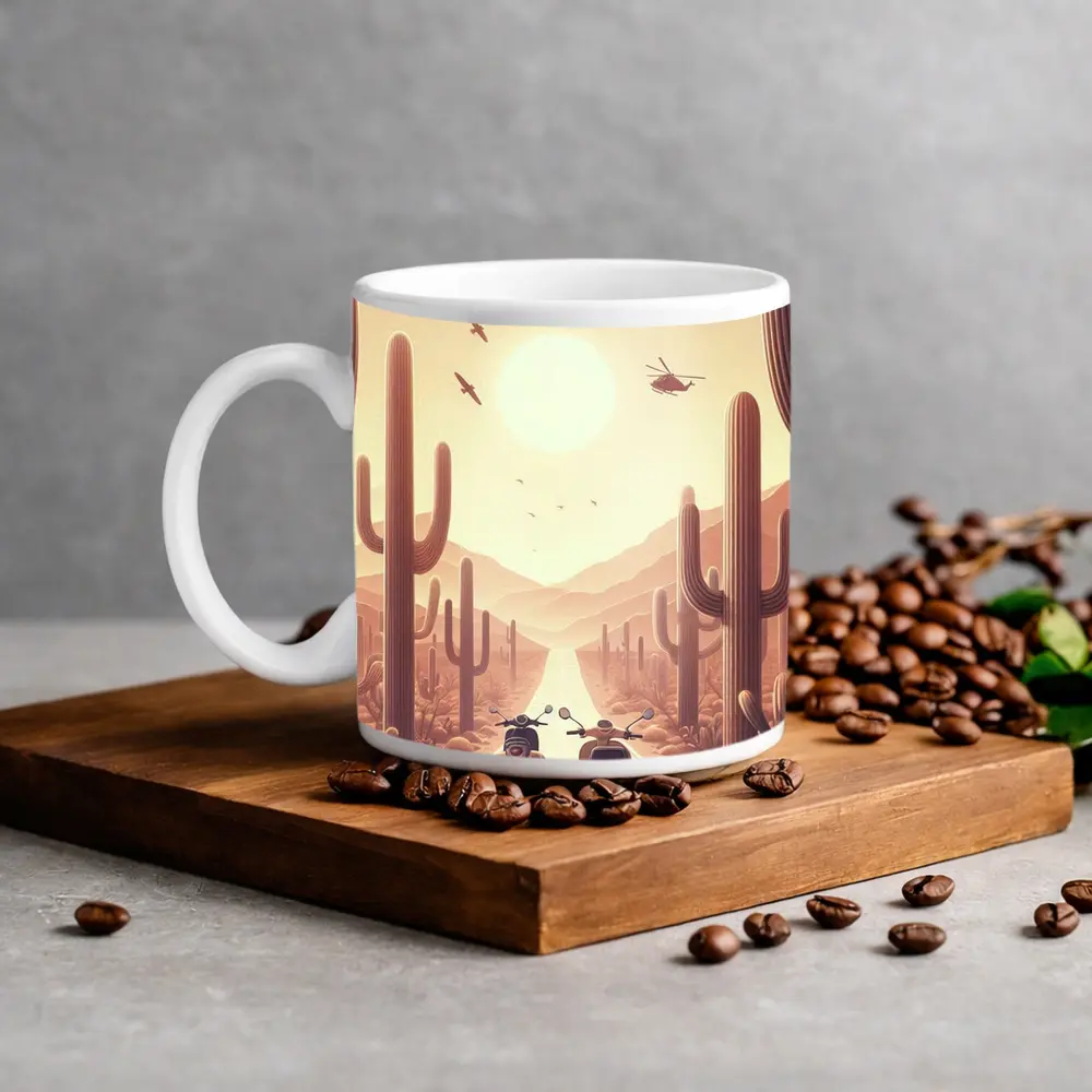 Scooters Desert Road Cactus Sunset Art – Mugs