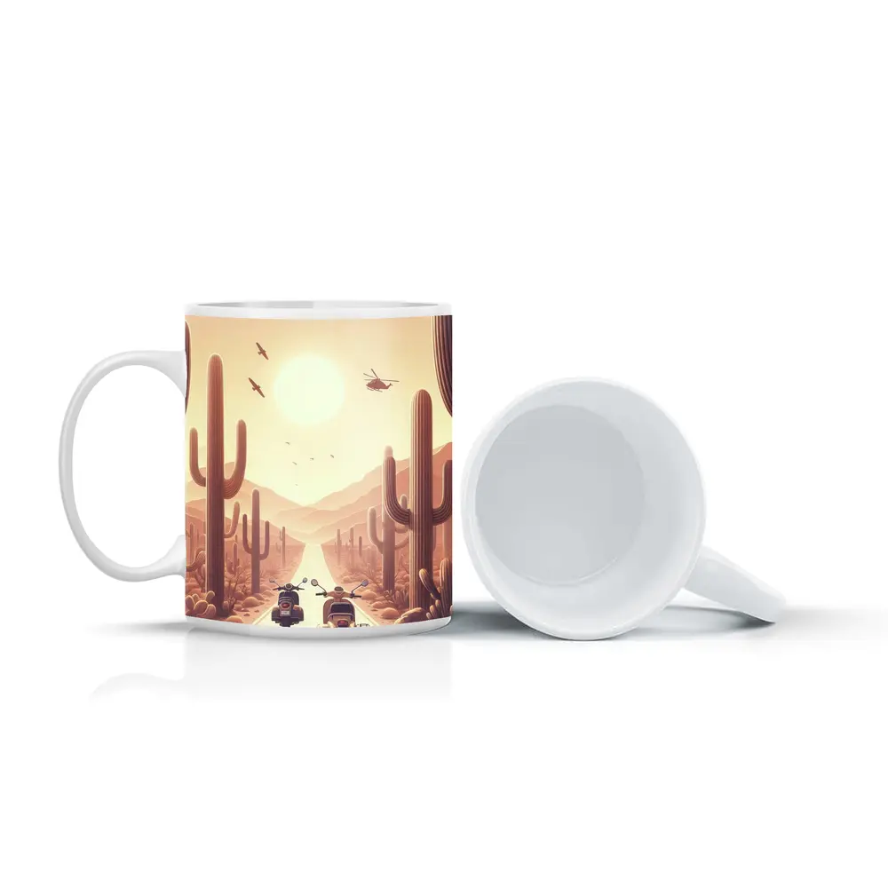 Scooters Desert Road Cactus Sunset Art – Mugs