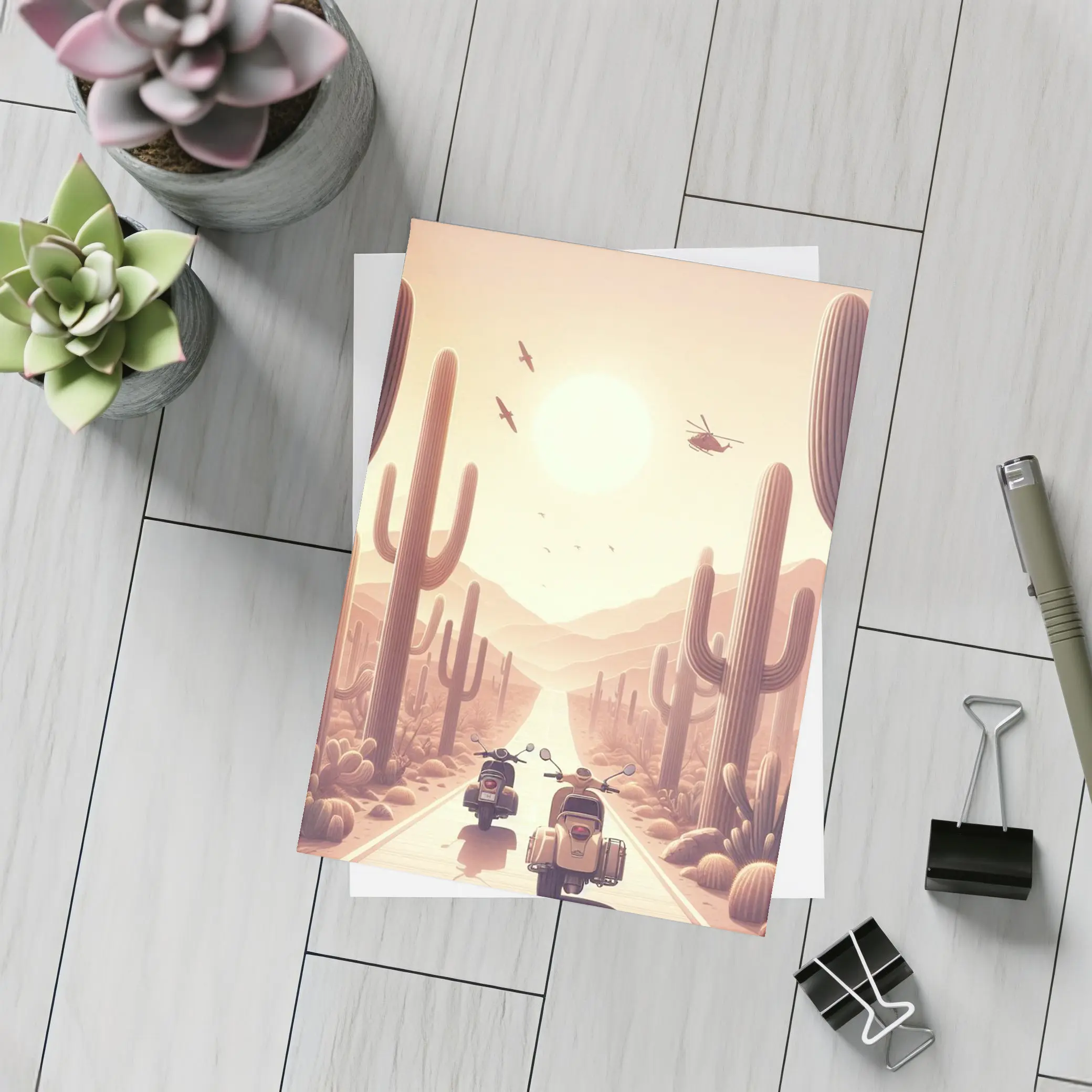 Scooters Desert Road Cactus Sunset Art – Postcards