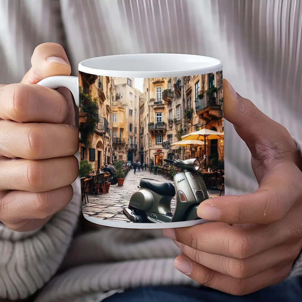 Vespa Scooter Italian Cobblestone Street Scene – Mugs